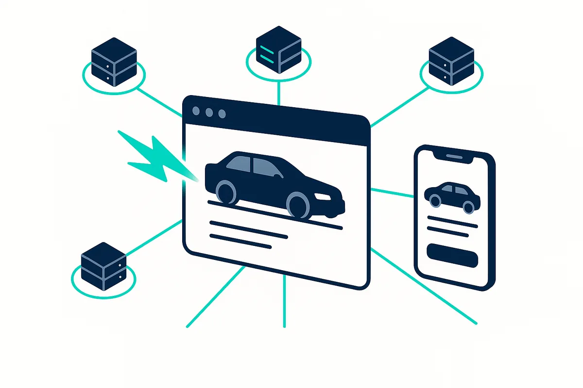 Isometric diagram of a static-first car rental website delivered from a global edge network to a renter's phone, in navy and teal
