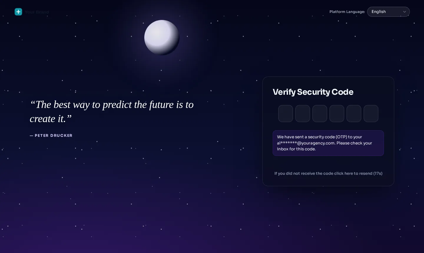 Two-factor security code screen of the GoHighLevel login in the Midnight stars design