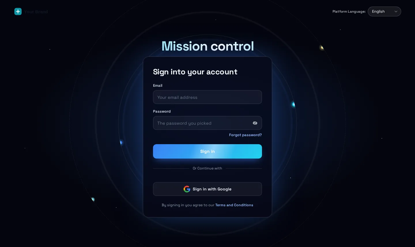 GoHighLevel login page with the orbiting planets design in midnight blue and cyan
