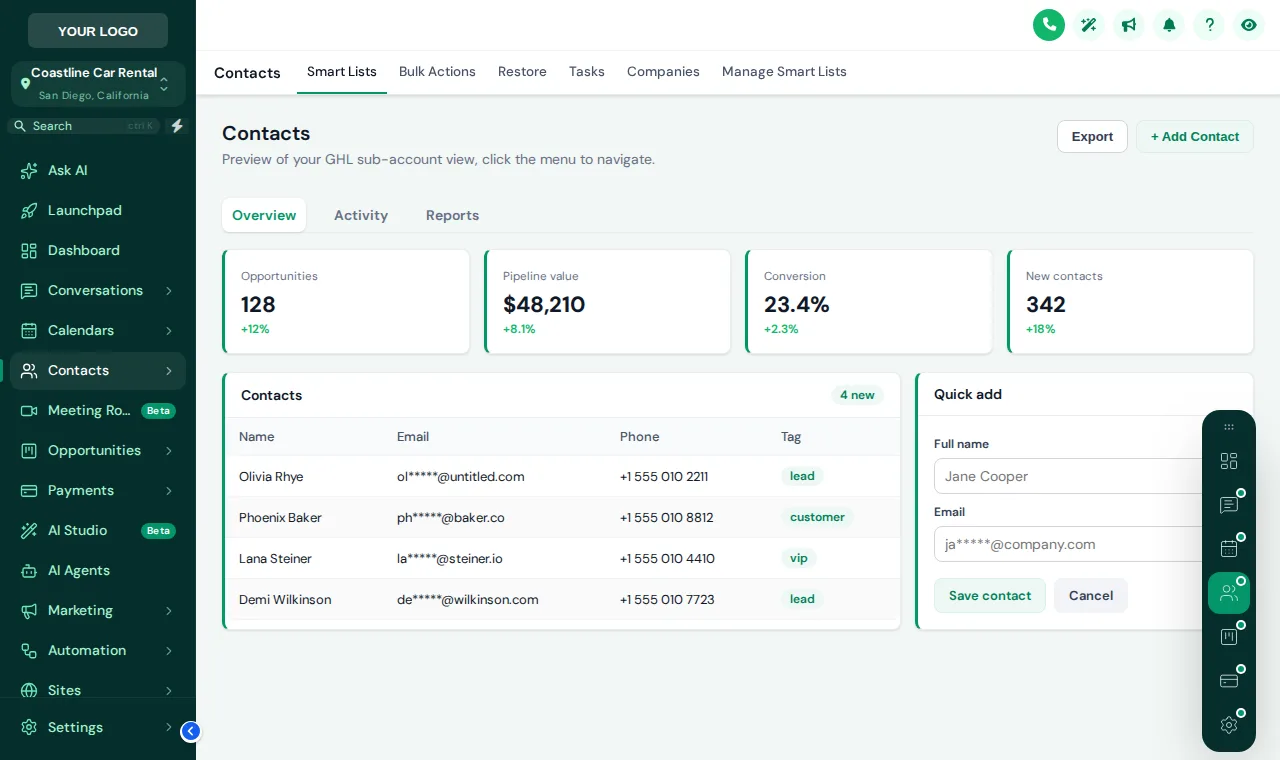 GoHighLevel contacts page with a floating quick menu of shortcuts in the Forest Finance theme