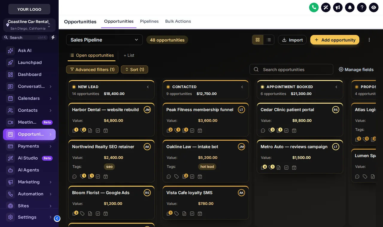 GoHighLevel opportunities board in the dark Obsidian design with gold stage headers