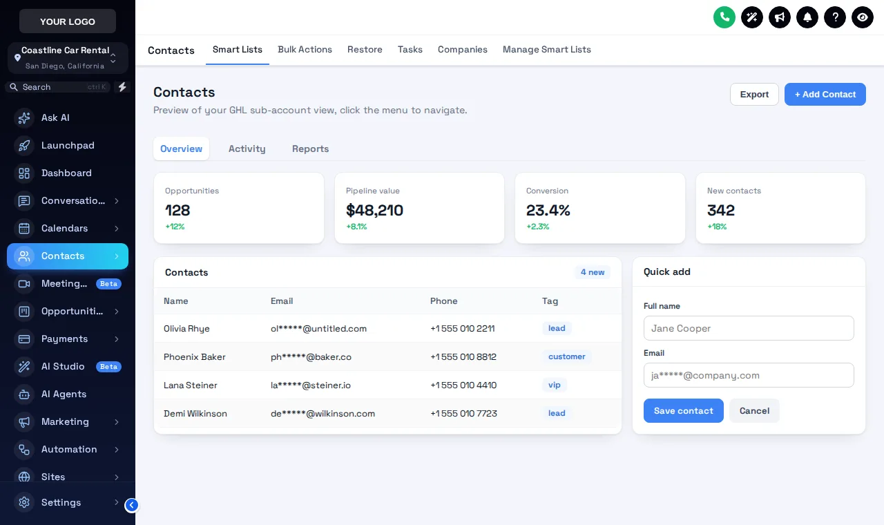GoHighLevel contacts list in the Deep Space theme: midnight blue sidebar with cyan accents